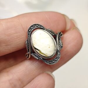 128 Ethereal White Amber Vintage Ring, Adjustable， Sterling Silver
